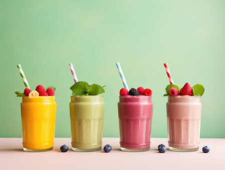 Fruit smoothies - smoothies with berries and fruits on a plain background, healthy drinks, healthy eating. organic fresh drinks.の素材