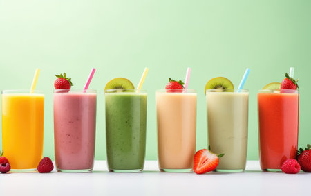 Fruit smoothies - smoothies with berries and fruits on a plain background, healthy drinks, healthy eating. organic fresh drinks.の素材