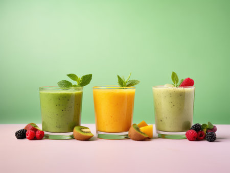 Fruit smoothies - smoothies with berries and fruits on a plain background, healthy drinks, healthy eating. organic fresh drinks.の素材