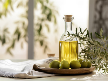 Bottle with oil and olives, extra virgin olive oil. useful oil for health.の素材