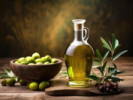 Bottle with oil and olives, extra virgin olive oil. useful oil for health.の素材
