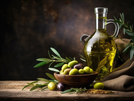 Bottle with oil and olives, extra virgin olive oil. useful oil for health.の素材