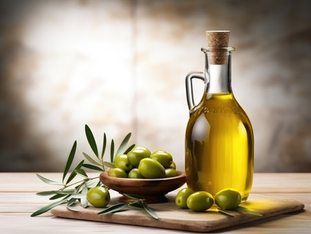 Bottle with oil and olives, extra virgin olive oil. useful oil for health.の素材