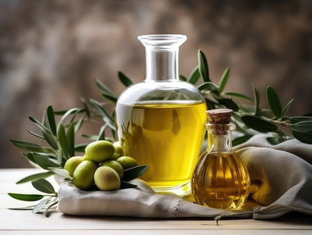 Bottle with oil and olives, extra virgin olive oil. useful oil for health.の素材