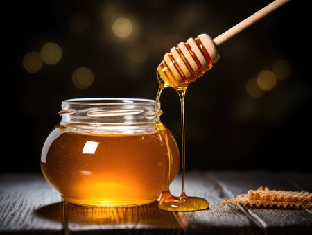 glass jar full of honey and dipper. natural, ecological, useful product. natural sweetness.の素材