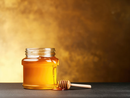glass jar full of honey and dipper. natural, ecological, useful product. natural sweetness.の素材