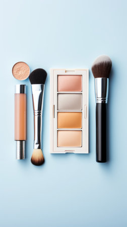 Background with cosmetics for women on a plain background, beauty accessories for the face. copy space.の素材