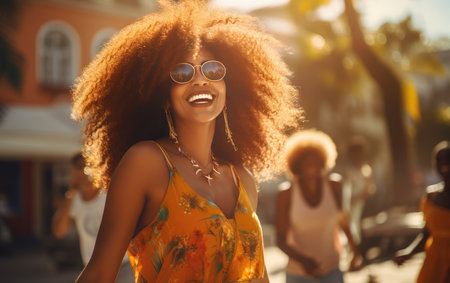 Beautiful, young African woman happy, having fun celebrating victory, expressing great success, energy and positive emotions in motion. Celebrates a new job, outdoors.の素材