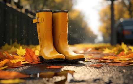 Rubber yellow boots in an autumn park with orange leaves. Autumn has come. rain season.の素材