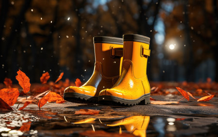 Rubber yellow boots in an autumn park with orange leaves. Autumn has come. rain season.の素材