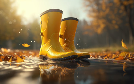Rubber yellow boots in an autumn park with orange leaves. Autumn has come. rain season.の素材