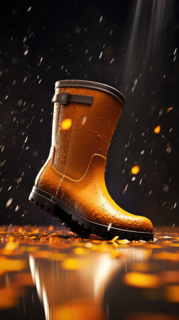 Rubber yellow boots in an autumn park with orange leaves. Autumn has come. rain season.の素材