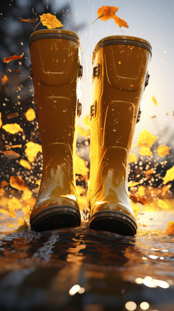 Rubber yellow boots in an autumn park with orange leaves. Autumn has come. rain season.の素材