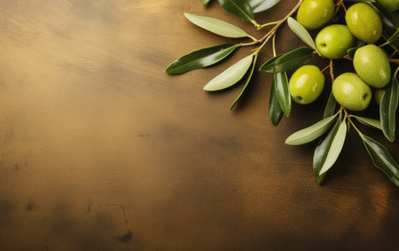 Background olive branch on a green background. green olives. olive oil. green banner. copy space. generative aiの素材