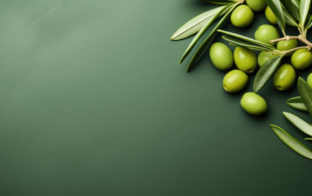 Background olive branch on a green background. green olives. olive oil. green banner. copy space. generative aiの素材