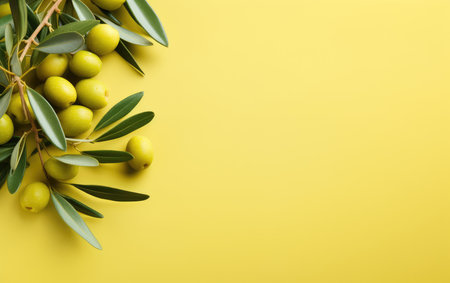 Background olive branch on a green background. green olives. olive oil. green banner. copy space. generative aiの素材