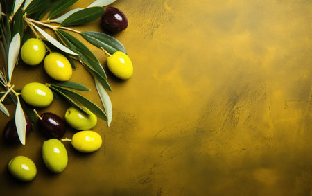 Background olive branch on a green background. green olives. olive oil. green banner. copy space. generative aiの素材