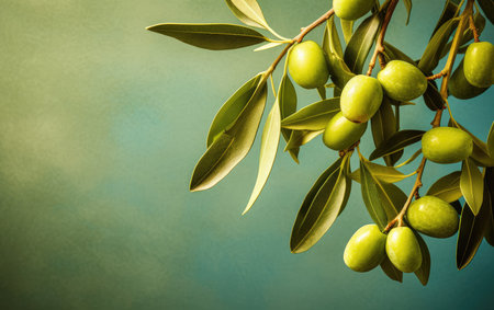 Background olive branch on a green background. green olives. olive oil. green banner. copy space. generative aiの素材