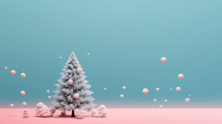 a podium or platform on a pastel background for a cosmetic product layout with an abstract Christmas tree for a holiday or winter season. New Years background for the product.の素材