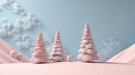 a podium or platform on a pastel background for a cosmetic product layout with an abstract Christmas tree for a holiday or winter season. New Years background for the product.の素材