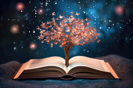 an open book from which the tree of knowledge grows, the concept of the development of the education systemの素材