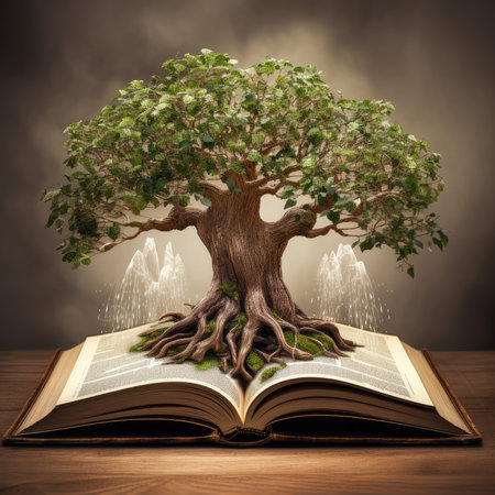 an open book from which the tree of knowledge grows, the concept of the development of the education systemの素材