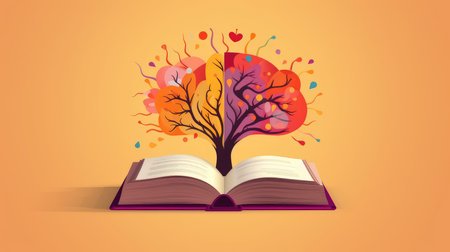 an open book from which the tree of knowledge grows, the concept of the development of the education systemの素材