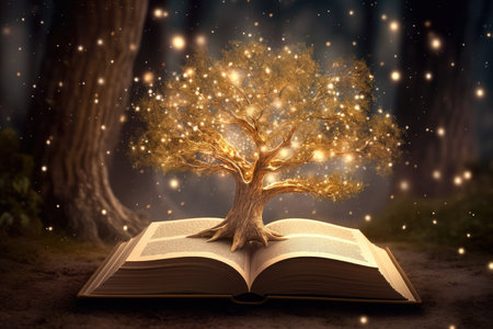 an open book from which the tree of knowledge grows, the concept of the development of the education systemの素材