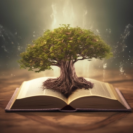 an open book from which the tree of knowledge grows, the concept of the development of the education systemの素材
