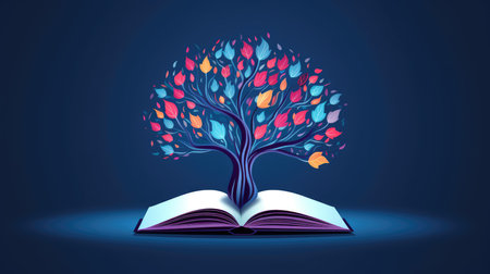 an open book from which the tree of knowledge grows, the concept of the development of the education systemの素材