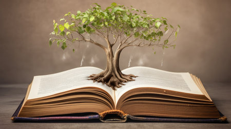 an open book from which the tree of knowledge grows, the concept of the development of the education systemの素材