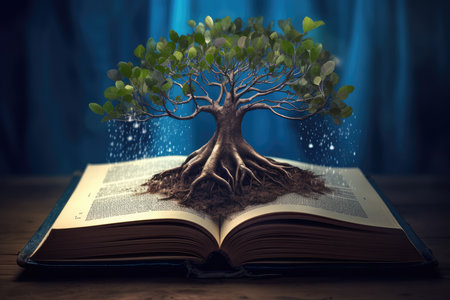 an open book from which the tree of knowledge grows, the concept of the development of the education systemの素材