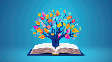 an open book from which the tree of knowledge grows, the concept of the development of the education systemの素材