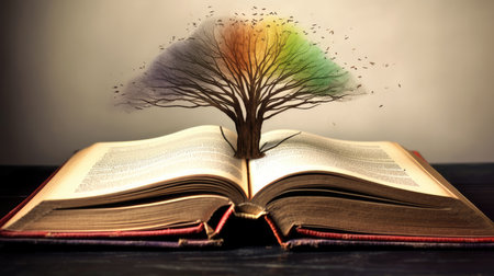 an open book from which the tree of knowledge grows, the concept of the development of the education systemの素材