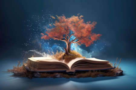 an open book from which the tree of knowledge grows, the concept of the development of the education systemの素材