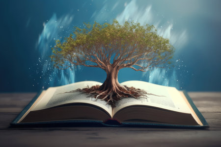 an open book from which the tree of knowledge grows, the concept of the development of the education systemの素材
