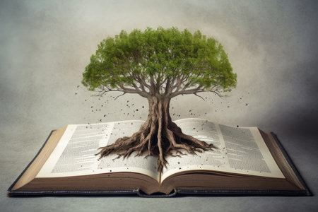 an open book from which the tree of knowledge grows, the concept of the development of the education systemの素材