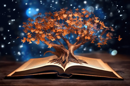an open book from which the tree of knowledge grows, the concept of the development of the education systemの素材