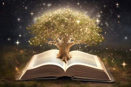 an open book from which the tree of knowledge grows, the concept of the development of the education systemの素材
