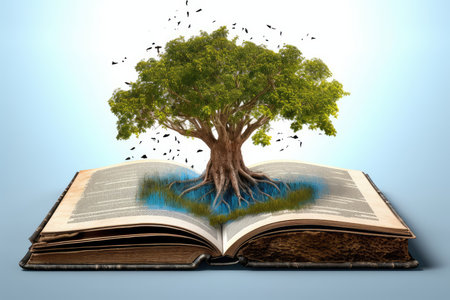 an open book from which the tree of knowledge grows, the concept of the development of the education systemの素材