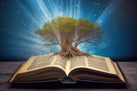 an open book from which the tree of knowledge grows, the concept of the development of the education systemの素材