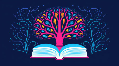 an open book from which the tree of knowledge grows, the concept of the development of the education systemの素材