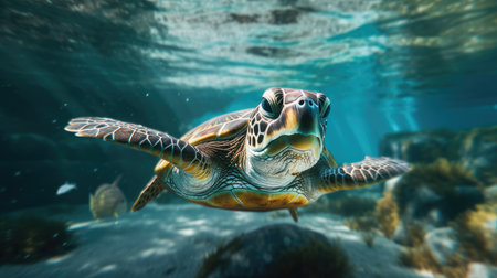 sea turtle with a group of colorful fish and colorful corals underwater in the ocean, underwater world in the ocean. Generative AIの素材
