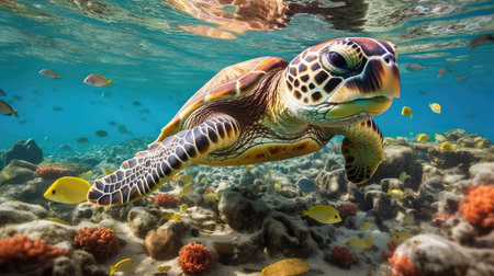 sea turtle with a group of colorful fish and colorful corals underwater in the ocean, underwater world in the ocean. Generative AIの素材