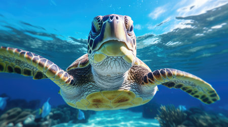 sea turtle with a group of colorful fish and colorful corals underwater in the ocean, underwater world in the ocean. Generative AIの素材