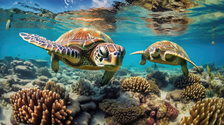sea turtle with a group of colorful fish and colorful corals underwater in the ocean, underwater world in the ocean. Generative AIの素材