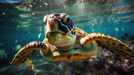 sea turtle with a group of colorful fish and colorful corals underwater in the ocean, underwater world in the ocean. Generative AIの素材