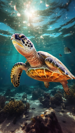 sea turtle with a group of colorful fish and colorful corals underwater in the ocean, underwater world in the ocean. Generative AIの素材