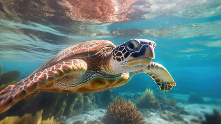 sea turtle with a group of colorful fish and colorful corals underwater in the ocean, underwater world in the ocean. Generative AIの素材