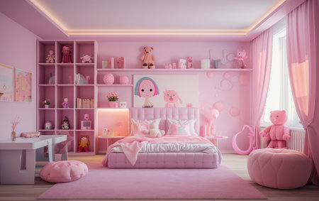 Stylish interior of a childrens room in pink color. room for little girls.の素材
